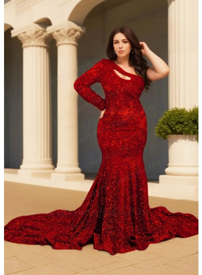 Red One Shoulder Long-Sleeve Hollow Collar Sequined Mermaid Prom Dresses