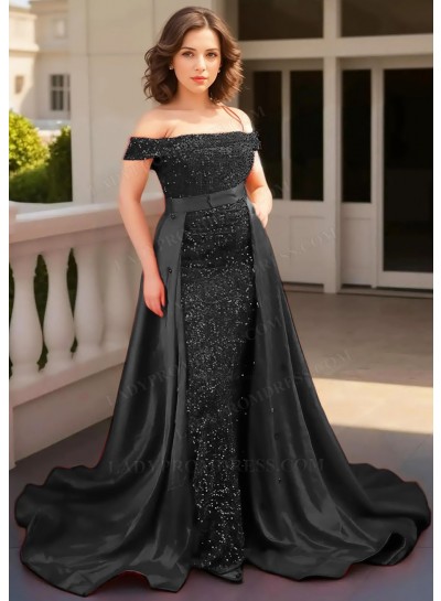 Black Off-Shoulder Sequined Cape Removable Train Sheath Prom Dresses