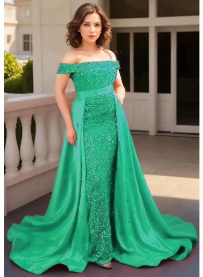 Emerald Off-Shoulder Sequined Cape Removable Train Sheath Prom Dresses