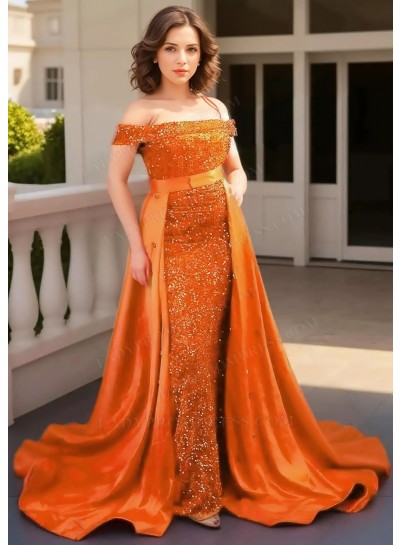 Orange Off-Shoulder Sequined Cape Removable Train Sheath Prom Dresses