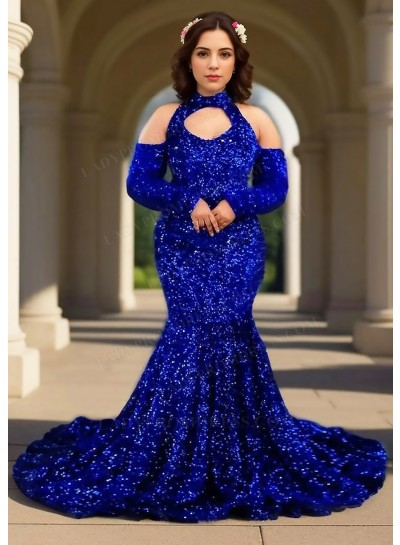 Royal Blue Open Shoulder Long Sleeves Sequined Mermaid Prom Dresses