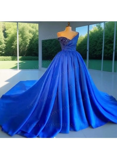 Royal Blue Ball Gown Satin One Shoulder Beaded Quinceanera Prom Dresses