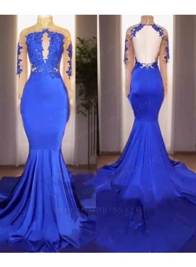 Royal Blue Long Sleeves Backless Bodycon Mermaid Evening Prom Dresses