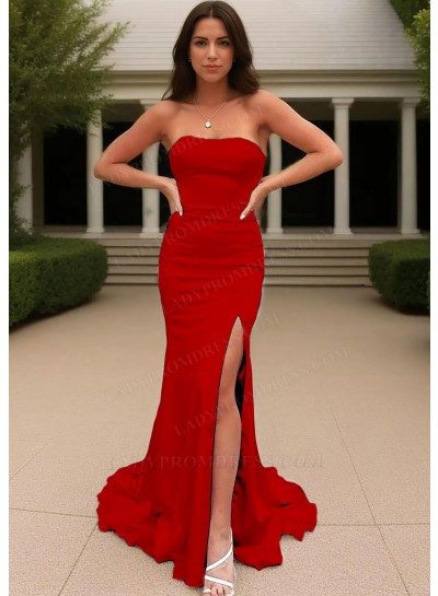 Red Satin Strapless High Slit Formal Evening Prom Dresses