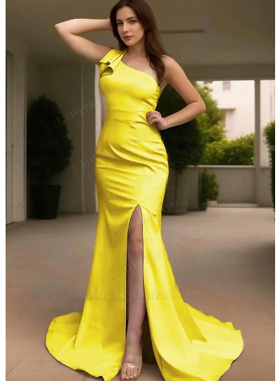 Daffodil One Shoulder Satin Floor Length Slit Evening Dresses