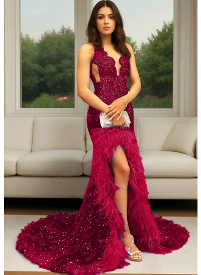 Burgundy Sequins High Slit Prom Dress with Feathers