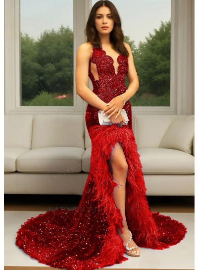 Red Sequins High Slit Prom Dress with Feathers