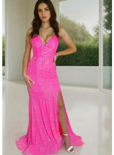 Hot Pink Spaghetti Straps Sequins Sheath Prom Dresses with Slit