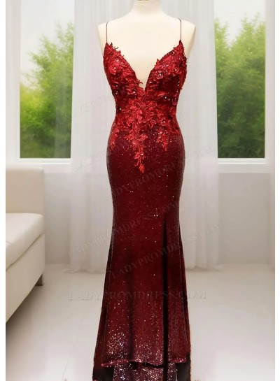 Burgundy Spaghetti Straps Sequins Evening Prom Dresses with Appliques