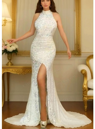 White High Neck Sleeveless Side Split Prom Dresses