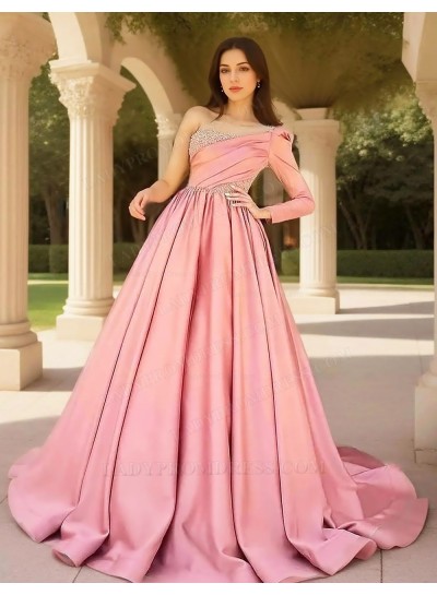Pink Ball Gown Satin One Shoulder Formal Prom Dresses with Beaded