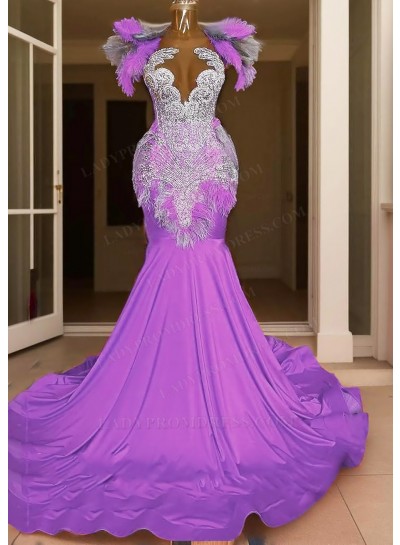 Lilac Appliques Ruffles Satin Mermaid Prom Dresses with Feathers