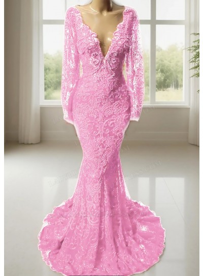 Pale Pink V-neck Long Sleeves Lace Mermaid Prom Dresses