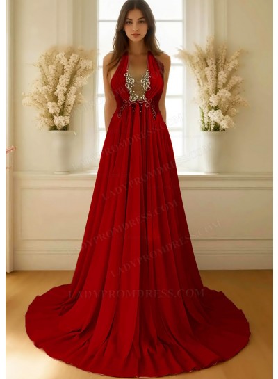 Red A-line Halter Chiffon Waistline Flowy Prom Dresses