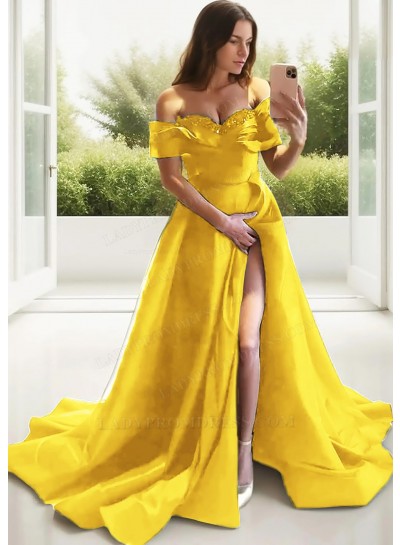 Daffodil Off-Shoulder Satin Sweetheart Neck High Split Prom Dresses