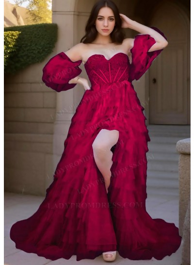 Burgundy Sweetheart Multi Layered Tulle Prom Dresses with Ruffled