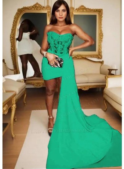 Emerald Satin Short Mini Part Dress Asymmetric Train Corset Homecoming Cocktail Dresses