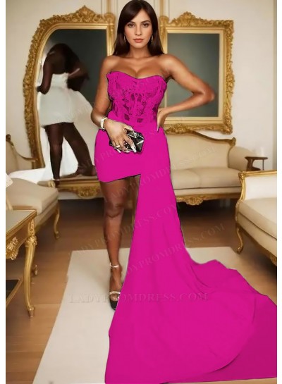 Fuchsia Satin Short Mini Part Dress Asymmetric Train Corset Homecoming Cocktail Dresses