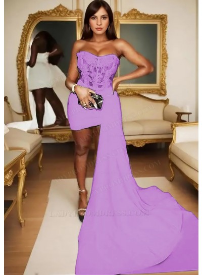 Lilac Satin Short Mini Part Dress Asymmetric Train Corset Homecoming Cocktail Dresses