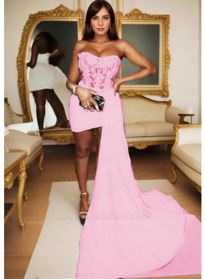 Pale Pink Satin Short Mini Part Dress Asymmetric Train Corset Homecoming Cocktail Dresses