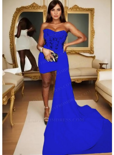 Royal Blue Satin Short Mini Part Dress Asymmetric Train Corset Homecoming Cocktail Dresses
