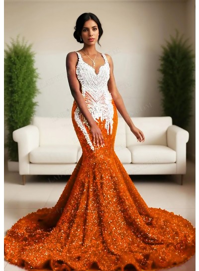 Orange Sequins Mermaid Prom Dress White Beaded