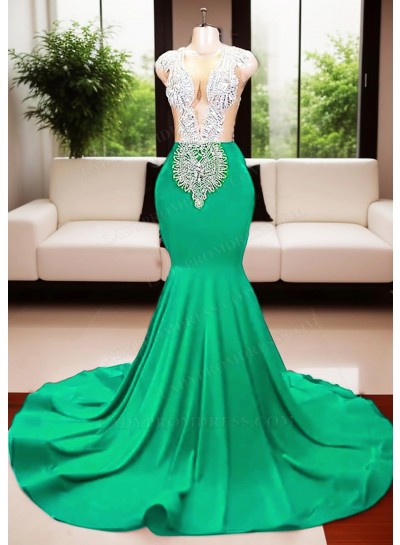 Emerald Deep V-neck Mermaid Prom Dresses with Beaded