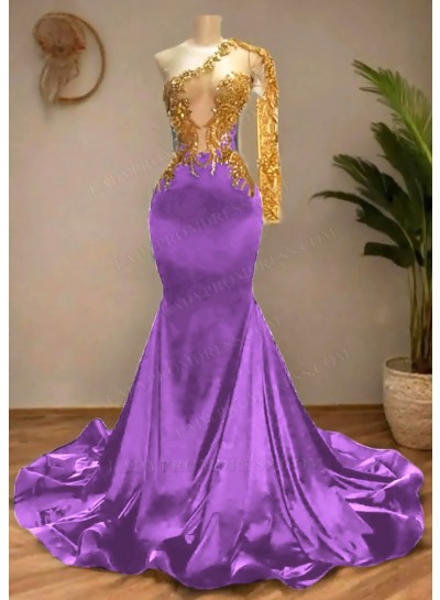 Lilac Satin Asymmetric One Shoulde Prom Dresses with Golden Appliques