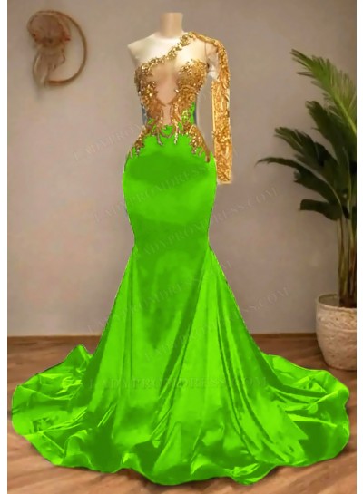 Lime Green Satin Asymmetric One Shoulde Prom Dresses with Golden Appliques