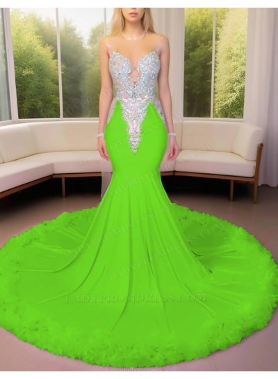 Lime Green Satin Beaded Mermaid Prom Dresses with Feather Trim