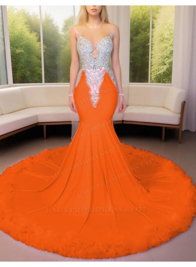 Orange Satin Beaded Mermaid Prom Dresses with Feather Trim