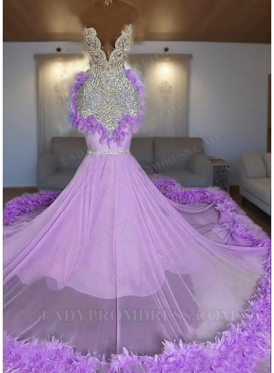 Lilac One Shoulder Tulle Beaded Mermaid Prom Dresses with Feathers