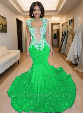 Lime Green V-neck Sequence Sweetheart Mermaid Prom Dresses with Beaded